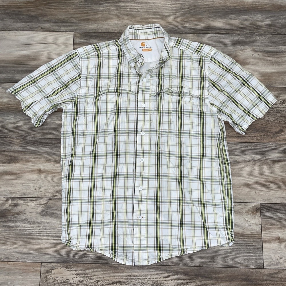 Carhartt Force Men's Medium Relaxed Fit Vented S/S Button Down Plaid Shirt White
